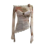 Fongt Shooting Lace Splicing Oblique Shoulder Thin Tie-Dye Mesh T-Shirt Girl T-Shirt T-Shirt Shawl T-Shirt 9986