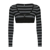 Fongt Women's Hottie Style Stripe Bumpy Body-Clamy Short U-Neck Buckle Long-Sleeved T-Shirt Top