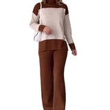 Fongt Autumn New Fashion Splicing Color Blouse Loose Wide Leg Trousers Set Women