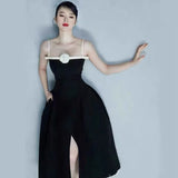 Vintage Elegant Luxury Crystal Party Black A Line Summer Strap Fashion Dresses Women Lady Street Chic Midi Elbise