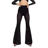 Fongt Women's Explosive Sexy Mesh Yarn Velvet High-Rise Legs Long Micro-Rac Casual Trousers