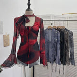 Fongt Hollow Tying With Low-Necked Bow Ribbon Dizzy Red Elastic Mesh T-Shirt Top 8036