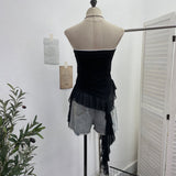 Fongt Shooting Retro Letter Print Bump Color Palette Vest Body Splicing Mesh Yarn With Hottie Top 8089