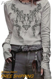 Women Vintage T-shirts y2k Clothes 2023 Harajuku Crop Top T-shirt Graphic Gothic Grunge Long Sleeve Top Fall Winter