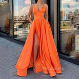 Women's Evening Wedding Party Dress Solid Elegant Side Slit A-Line Satin Sleeveless Straps Banquet Maxi Long Dress