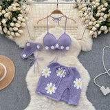 Fongt Vacation Wind Knitting Tie Belt Bikini Suit Female Summer Floret Design Sense Small Minority Milk Sweet Pure Desire Three-Piece Set-Outfit