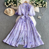 Fongt Retro-Print Collar Bubble-Sleeved Dress Women's Summer Straps To The Waists To Show A Thin Swollen Dress