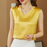2021 Solid V-neck Loose Waist Satin Tops Fashion Women Silk Blouse Plus Size Elegant Sleeveless Satin Blouse Blusa