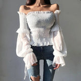 Spring Fashion Women Long Sleeve Off Shoulder Cropped Tops Solid Color Pleated Bow Blouse Ladies Shirt Lace Up Corset