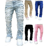 Fongt Men's New Fashion Trend Sticker Jeans Repair Multi-Color Elastic Micro-Tight Straight