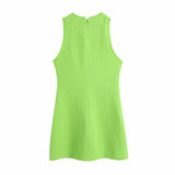 Round Neck Women's Metal Buckle Textured Dress Harajuku Green Chic Sweet Women's