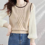 Fongt New Foreign Style Show Thin Sweater Female False Two Stitching Gauze Sleeve Knit Sweater Autumn And Winter Loose Long-Sleeved Jacket-Outfit