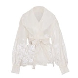 Fongt Retro Palace Style Top Autumn 2024 New Organza Lapel Lantern Sleeve Lace Printed Shirt Girl-Outfit