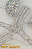 Deep V Bustier Open Straps Paded Bikini Sets Bling Stones Sparking Crystal Rhinestone Chain Swimwear Push Up