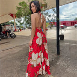Fongt New Spring-Summer V-Necked Women's Sling Print Fairy Gas Long Temperament Dress