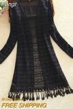 Women Slim Thin Lace Jakcet Chaqueta Mujer New 2023 Summer Long Sleeve Hollowing Tassels Medium Long Cardigan Womens