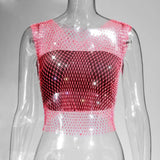 Fongt Nightclub Dresses Fishnet Hollow Out Rhinestone Vest Mesh Flash Diamond Sling Top