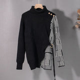 New 2021 Women Autumn Winter Sweaters Checkered Patchwork Elegant Lace Up Turtleneck Fashionable Retro Tops