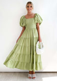 Fongt Summer New Bubble Sleeve Holiday Show Skinny Dress Babes High-Waisted Shoulder-Print Dress Dress Woman