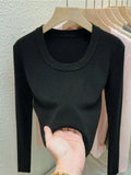 Photos U-neck Knitted Sweater For Women's Autumn Long Sleeved Top Girls Simple Base Jumper GT8311-Outfit
