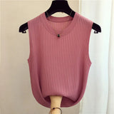 New Fashion Female Sleeveless Casual Thin Tops Ice Silk Knitted Vests Women Tops O-neck Solid Tank White Black Tops