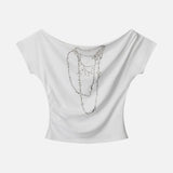 Fongt New Slanted Shoulder Pure Hottie Gray T-Shirt Girl Loose Heavy Metal Decorative Top
