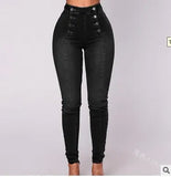 Fongt High-Waisted Casual Jeans Trousers Double Row Multi-Button Repair Elastic Small Foot Women's Pants
