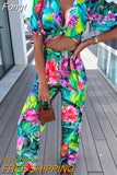 Neck Tops And Print Pants Bohemian Outfits Summer Elegant Women Holiday Two Piece Set Slim Fit Long Pants Lady Matching