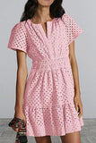 Fongt Women's V-Neck A-Shaped Hollow Lace Folded Short-Sleeved Mini Dress