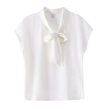 Fongt Female Short Sleeve OL Commuter Wind Elegant Mulberry Silk Jacket Bow Ribbon Shirt-Outfit