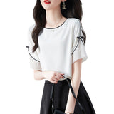 Fongt A Bow Round-Neck Short-Sleeved Chiffon Sleek Sleek Shirt For Women's New Elegant Oceanic Career In Summer 2025