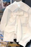 Summer Fashion Casual Loose Long Sleeve Single Breasted Shirt Spring Women's Pockets Turn-Down Collar Bow White Blouse