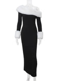Off-shoulder Black Fur Trim Long Sleeve Maxi Bodycon Dress-Outfit