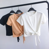 Fongt Solid Color T-Shirt Female 2024 Summer Wear Korean Version Of The Strap Careful Machine Exposed Umbilical Students Short Sleeve Shirt Repair