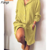 Summer New Shirt Dress Loose Double Pocket Long Sleeve Solid Women's Long Shirt Women Dress Bandage Dress Summer