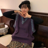 Purple Sleeveless Knit Pullover For Women Casual Loose Printed V-neck Korean Sweaters Vests Preppy Knitwear