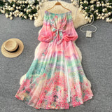 Fongt Spring Holiday Style Dress Woman 2025 New Shoulder Strapped Belt Waist Lantern Sleeve Print Chiffon Long Skirt