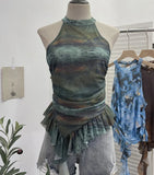 Trend Irregular Hanging Neck Dyeing Net Yarn Vest Lotus Side Ribbon Short Sleeveless Top