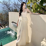 Fongt Gentle Small Holiday Back Show Thin Sling Feeling Flounce Design Long Dress-Outfit