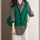 Loose Turn-down Collar Striped Blouse Women's Clothing Fake Two Pieces Spring Autumn Patchwork Single-breasted Shirt-Outfit
