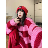 Y2K Korean Style Striped Oversize Pink Sweater Women Punk Streetwear Harajuku Hip Hop Jumper Female Red Top Winter