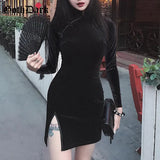 Dark Solid Vintage Gothic Dresses Harajuku Autumn 2021 Patchwork Grunge Spliced Women Dress Button Longsleeve