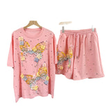 Fongt Set European Dress Design Butterfly Set Drill Short Sleeve T-Shirt Blouse Woman + Tight Waist Broad Leg Shorts Two Sets