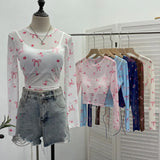 Real Shooting Bow Print Bare Back Net Yarn Sunscreen Long-Sleeved T-Shirt Hottie With Chest Pads Two Short Tops