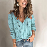Fongt New Sweater Cardigan Women's Solid Color Hollowed-Out V-Neck Sweater