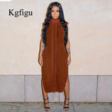 2020 New Arrival Spring Auttum Sleeveless Side Cut Mesh Material Loose Outfits Sexy Women Brown Long