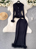 Fongt High-End Small Fragrant Style Two Sets Of Women's Atmosphere Knitted Open Fork Shirt T-Shirt