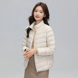 2023 Autumn And Winter New Light Down Jacket Female Short 90 White Duck Down Standing Collar Show Thin Casual Large Size Coat Tide-Outfit