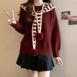 Fongt Two Striped Shawl Knitted Jersey Anola Red Sweater Women's Autumn And Winter Loose Knitted Top