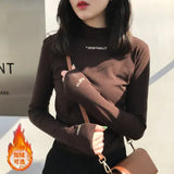 Fongt Spring 2024 Half Turtleneck Jacket Bottom Shirt Women's Letters Embroidered Slim Students Solid Color And Velvet Long Sleeve T-Shirt
